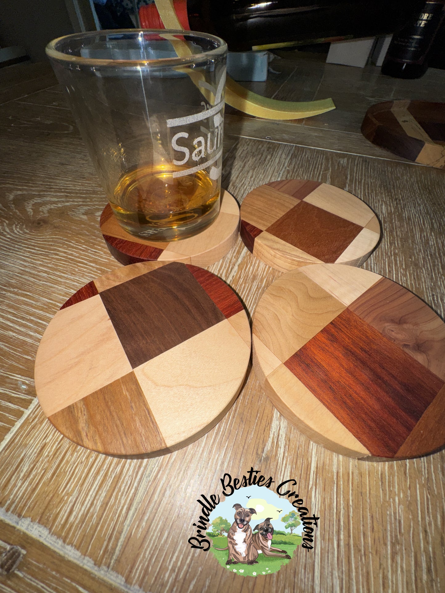 Mosaic Wood Coaster Set (Set of 4) – Reclaimed Cedar & Hardwood Coasters with Cork Backing