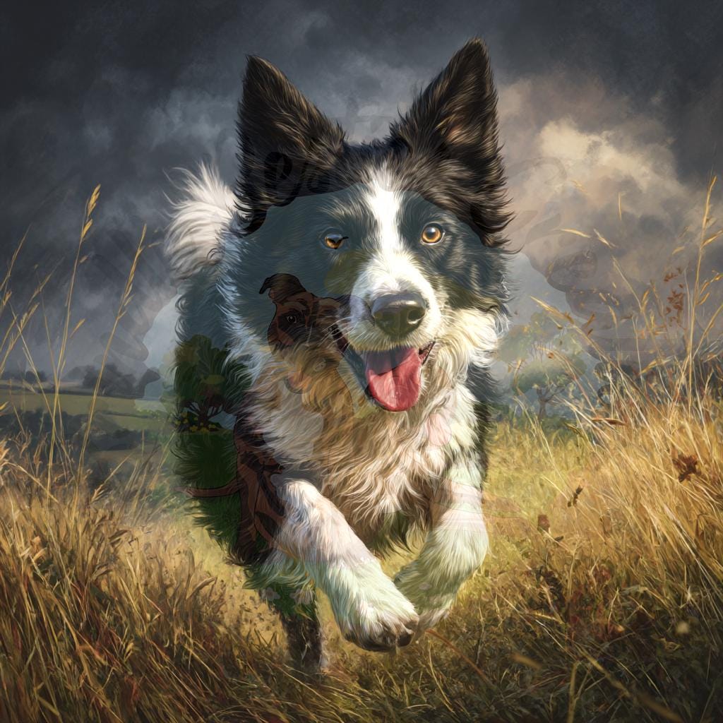 Painted Border Collie running through tall grass with a stormy sky, sample image