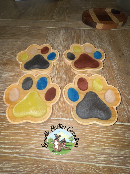 Handcrafted Paw Print Coaster Set (4-Pack) – Reclaimed Pine, Resin & Cork