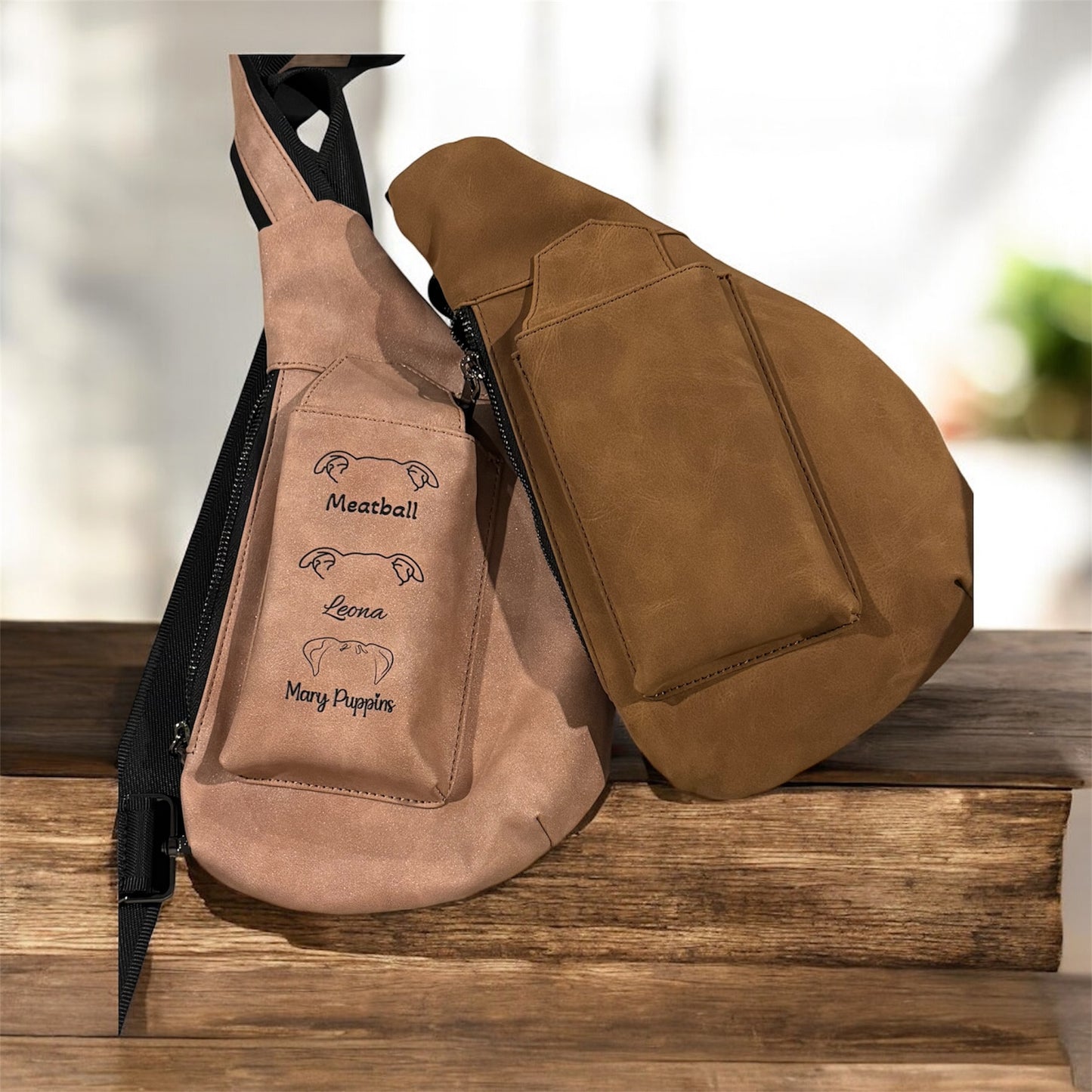 Personalized Crescent Sling Bag – Custom Laser Engraved Dog Names or Paw Design | Blush or Rawhide Leatherette Crossbody