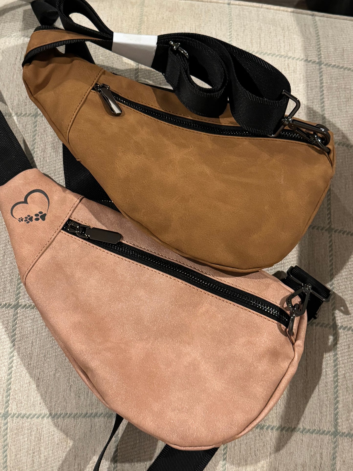 Personalized Crescent Sling Bag – Custom Laser Engraved Dog Names or Paw Design | Blush or Rawhide Leatherette Crossbody