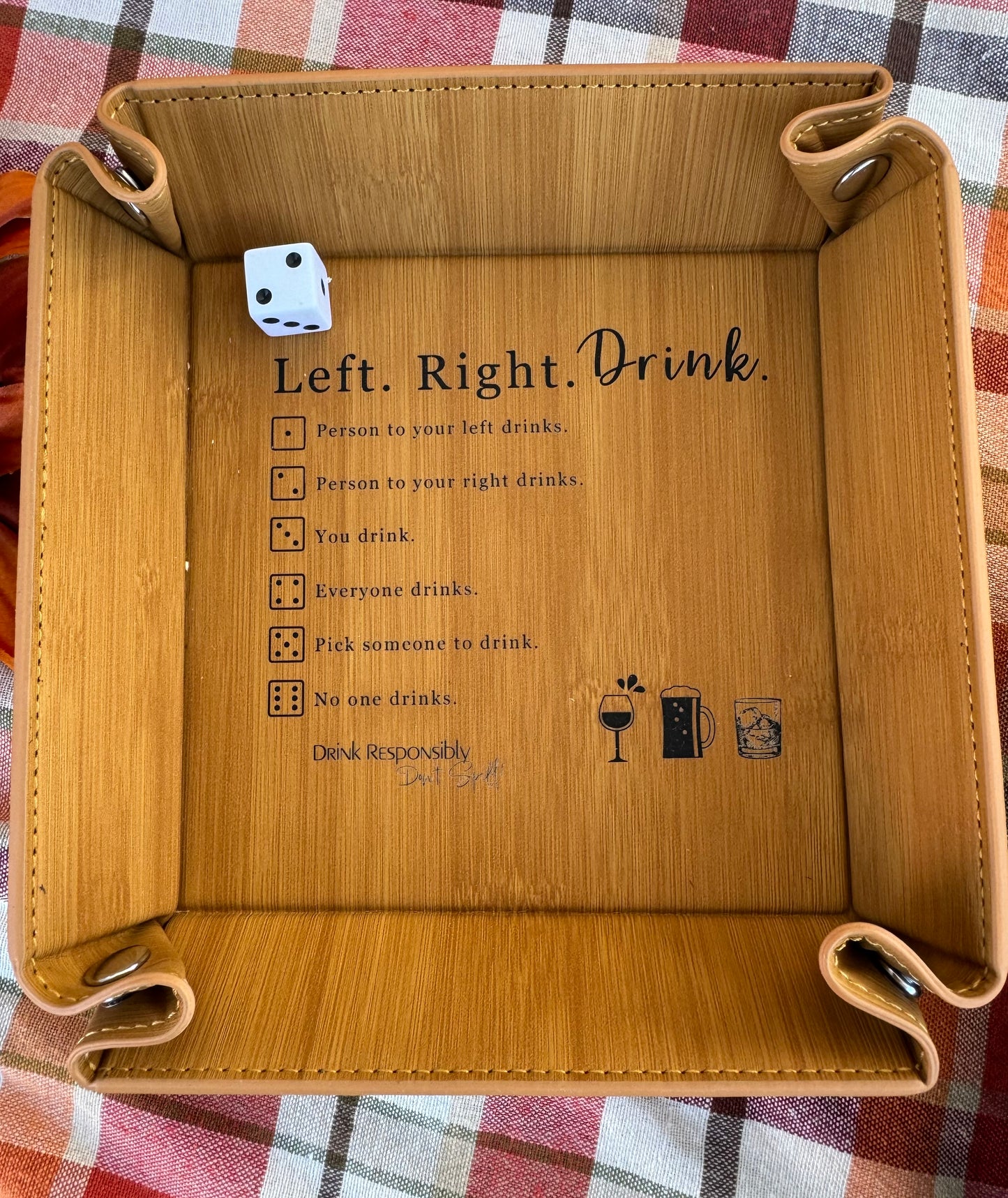 Left. Right. Drink! Leather Dice Tray Game