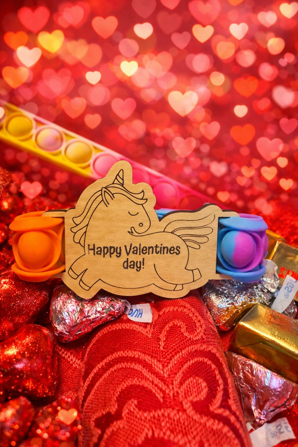 Valentine’s Day Pop Fidget Bracelets with Wooden Tags | 10 Pack | Classroom Valentines | Kids Party Favors