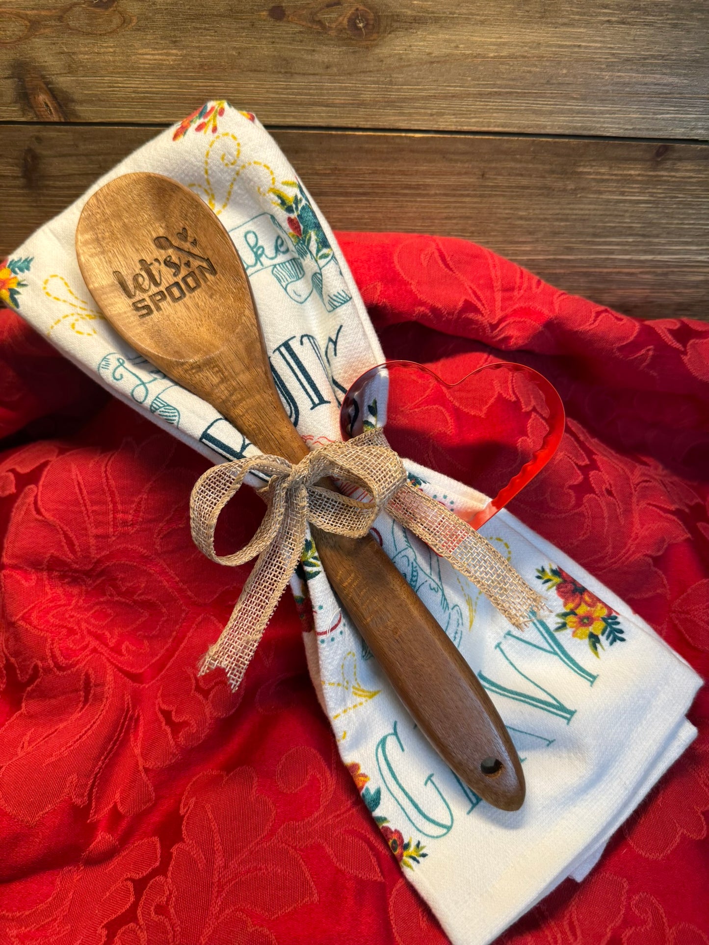 Engraved Wooden Spoon Gift Set with Tea Towel & Cookie Cutter