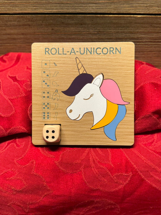 Wooden Roll-A-Unicorn game featuring a colorful unicorn design with dice for a fun and creative activity for kids and families.