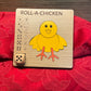 Roll-A-Chicken wooden dice game with a vibrant red tulip design, ideal for craft-loving kids and adults