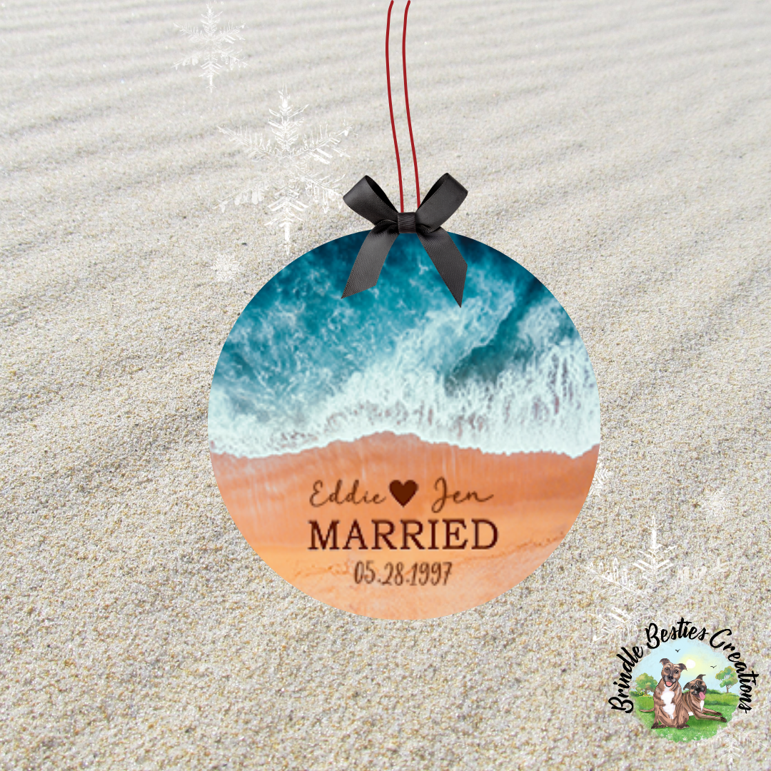 Married Sand and Ocean Christmas Ceramic hanging Ornament