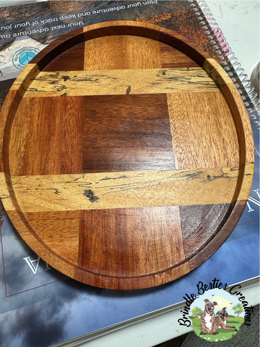 Handcrafted Hardwood Mosaic Snack Tray with Spalted Tamarind Accent – Food Safe Finish, Cork Base