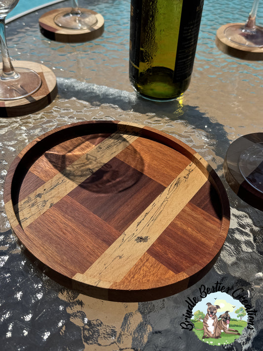 Handcrafted Hardwood Mosaic Snack Tray with Spalted Tamarind Accent – Food Safe Finish, Cork Base