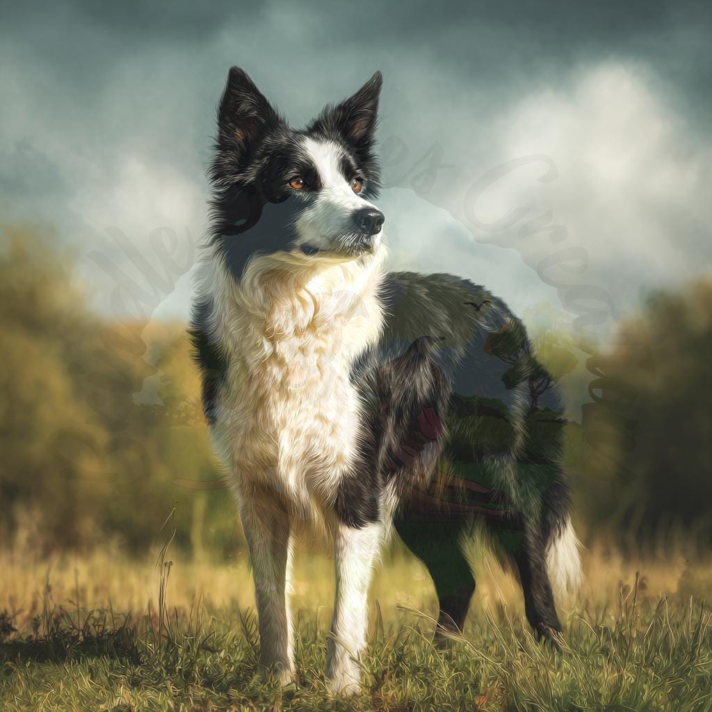 Painted Border Collie standing in a grassy field under a cloudy sky, sample image