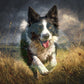 Painted Border Collie running through tall grass with a stormy sky, sample image